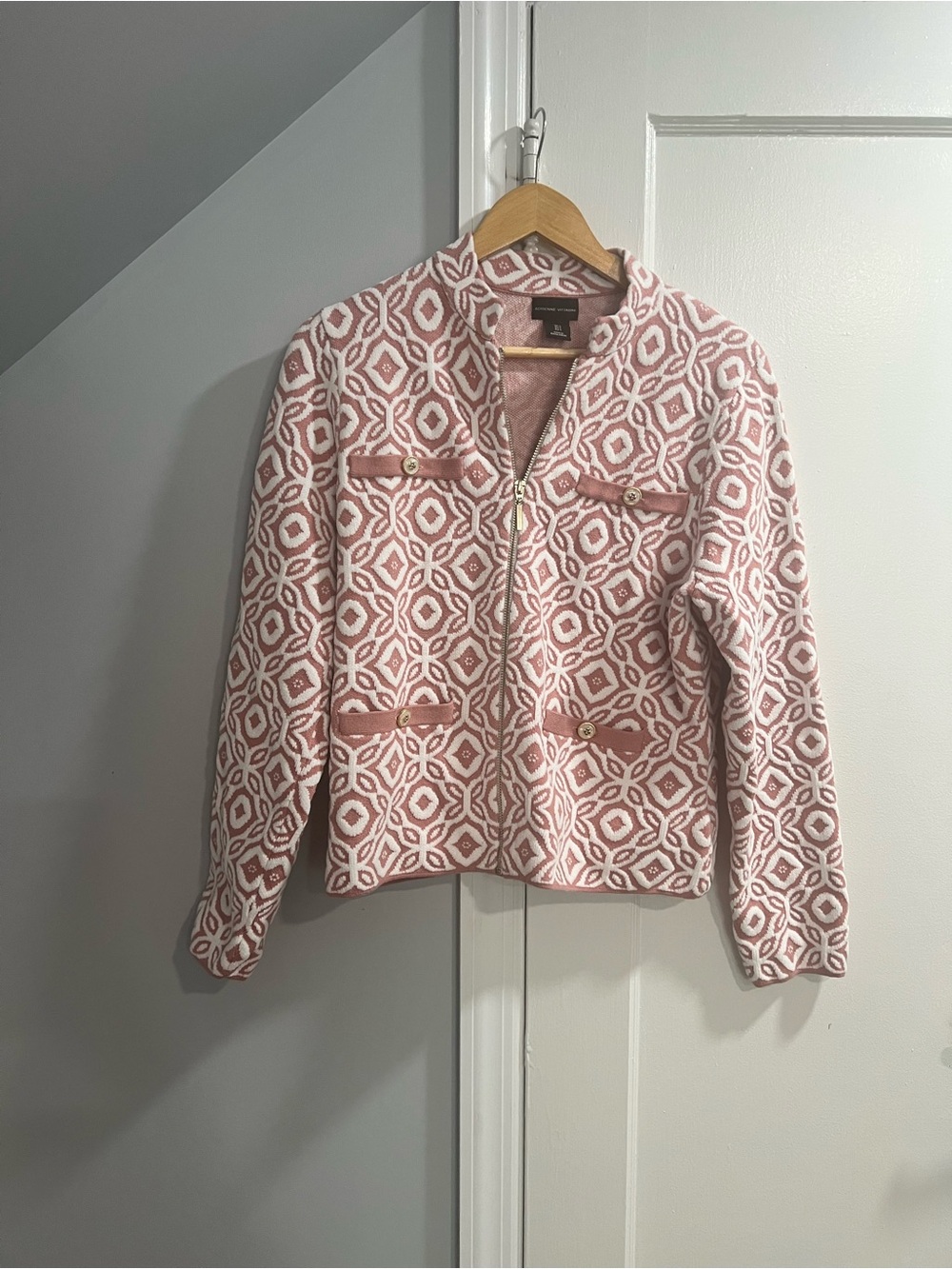 Adrienne Vittadini Pink & White Patterned Zip-Front Jacket